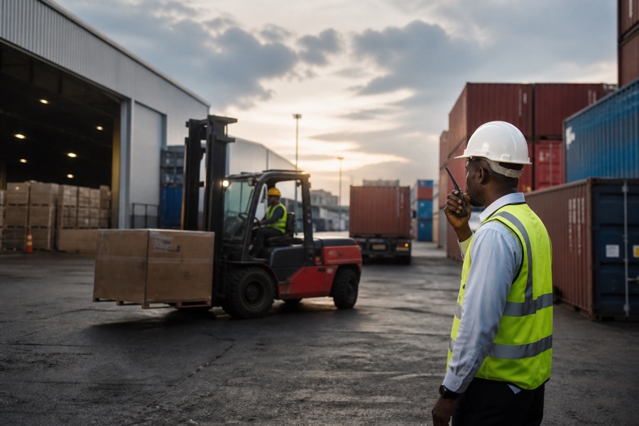 Plateforme logistique avec entrepôt et conteneurs